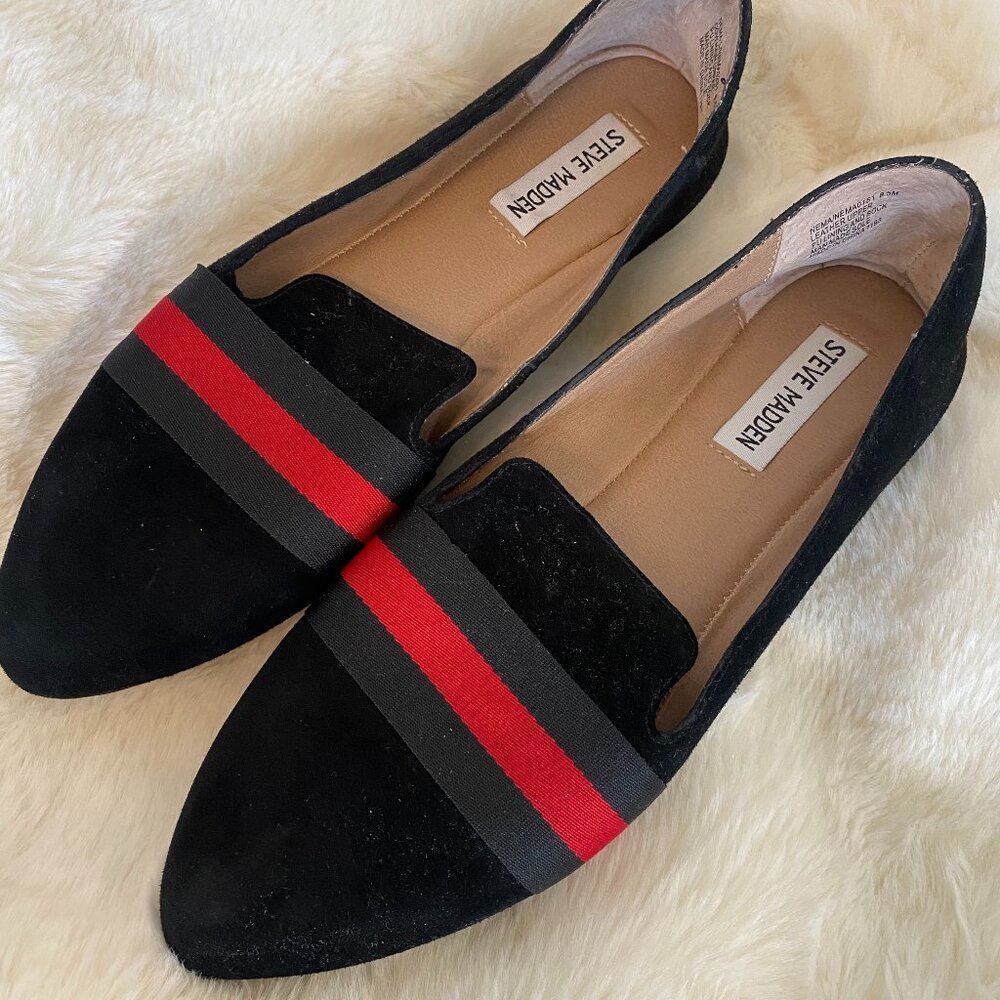 Steve Madden Nema Black Suede Flat Shoes with Contrast Ribbon